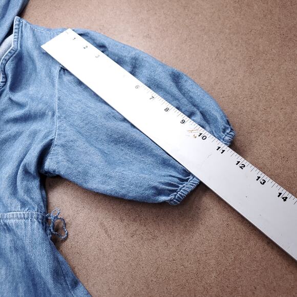 Old Navy Twist Front Midi Dress Womens S Denim Blue Puff Sleeve Cottage Boho - Picture 9 of 12